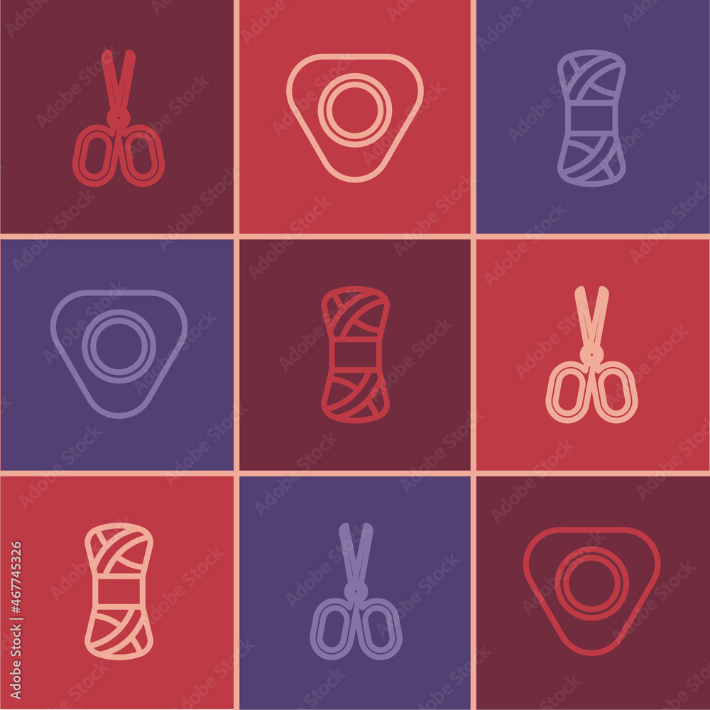 Set line Scissors, Yarn and Sewing chalk icon. Vector Set line Scissors, Yarn and Sewing chalk icon. Vector