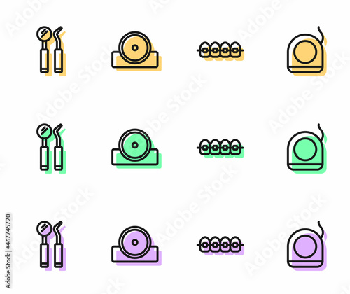 Set line Teeth with braces, Dental mirror and probe, Otolaryngological head reflector and floss icon. Vector