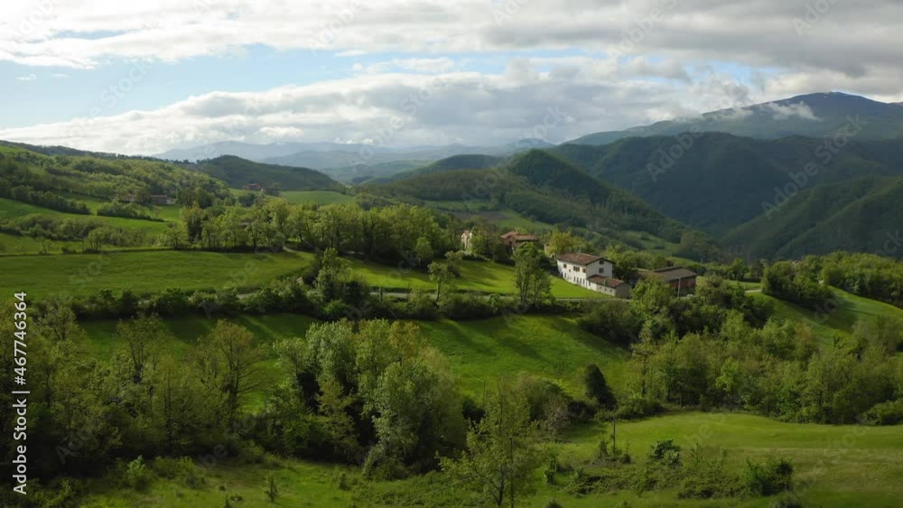 Aerial: Beautiful Shot Of Built Structures On Hill, Drone Flying Forward Over Green Landscape - Apennine Mountains, Italy Aerial: Beautiful Shot Of Built Structures On Hill, Drone Flying Forward Over Green Landscape - Apennine Mountains, Italy