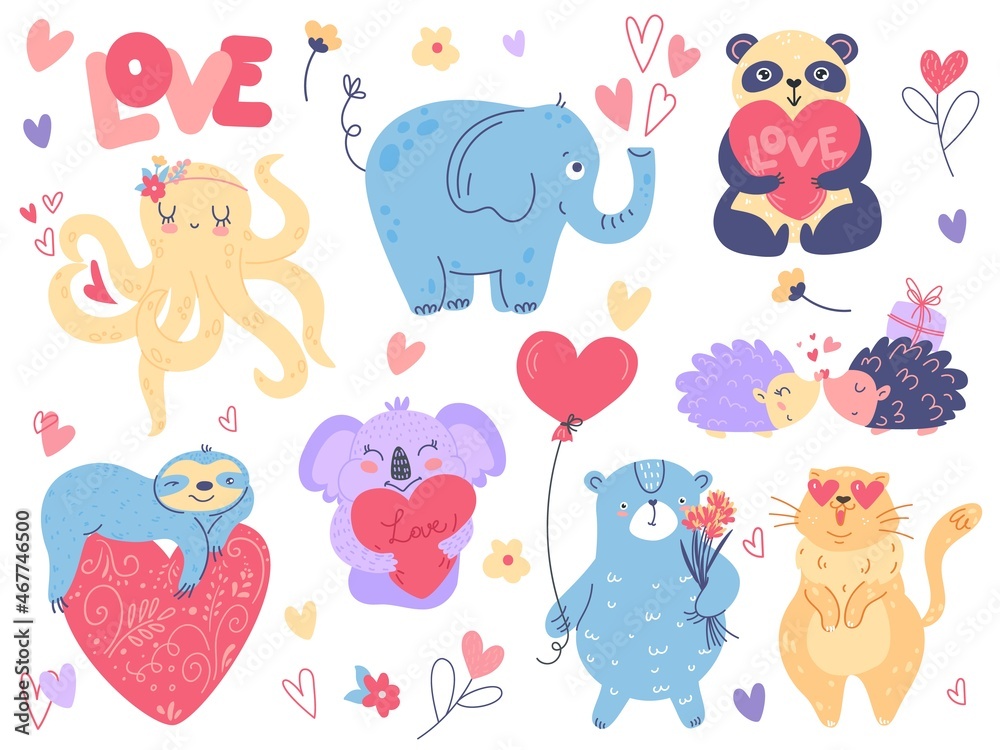 Fototapeta premium Valentines day animals. Cute kids animals with hearts, funny characters in love, elephant, octopus and sloth, hedgehogs couple, bear with balloon and cat, vector cartoon isolated set