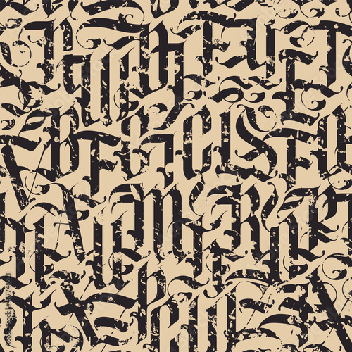 Seamless pattern of capital Gothic letters in grunge style. Abstract background with black ornate Latin letters on a beige. Vector texture of english alphabet letters.Wallpaper, wrapping paper, fabric