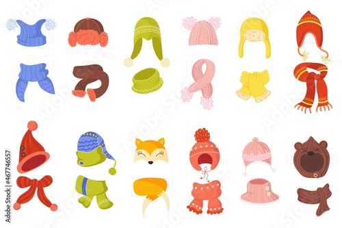 Winter kids hats. Funny children winter kits, cartoon style, knitted scarves, caps with pompoms and animal ears, cute headgears, woolen warm clothes, christmas accessories vector set