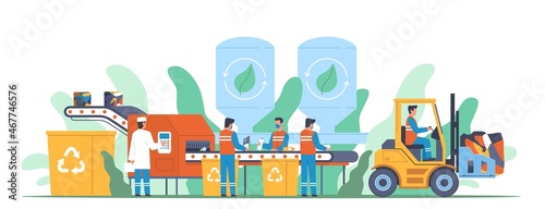 Garbage recycling. Waste sorting machine, trash conveyor, getting recyclables process, compress material for new products, refuse and reuse rubbish industry, vector cartoon flat concept