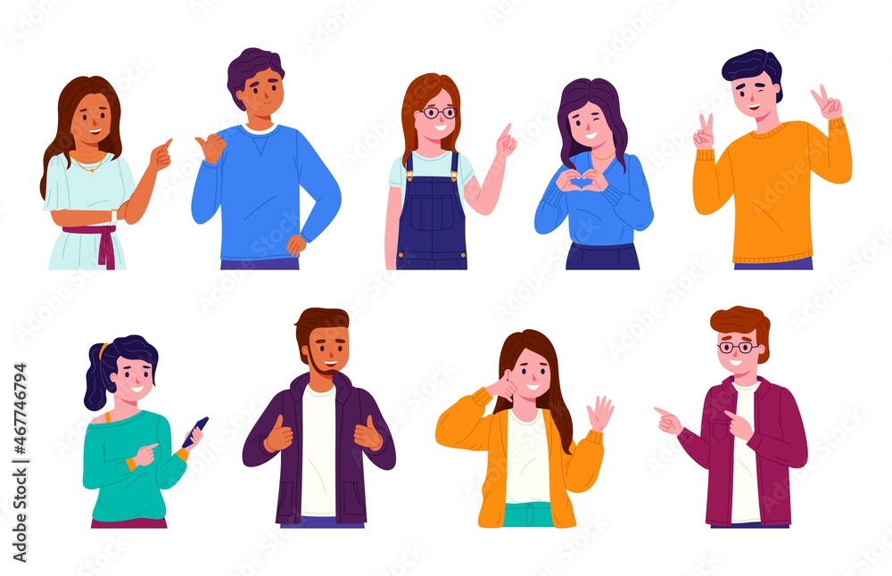 People pointing and gesticulating. Young multinational men and women depict different actions with signs, happy students indicate direction, give signs, vector cartoon flat isolated set People pointing and gesticulating. Young multinational men and women depict different actions with signs, happy students indicate direction, give signs, vector cartoon flat isolated set