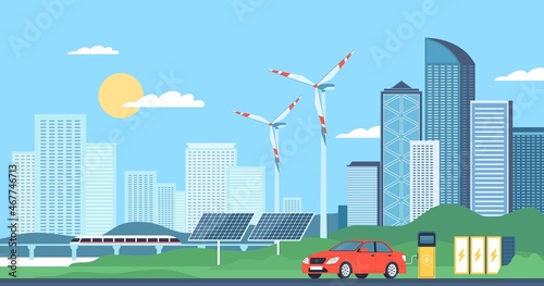 Eco energy city. Skyscrapers and alternative energy sources, environment care, green innovations, solar panel, wind turbines, ecology friendly power and electricity, vector concept
