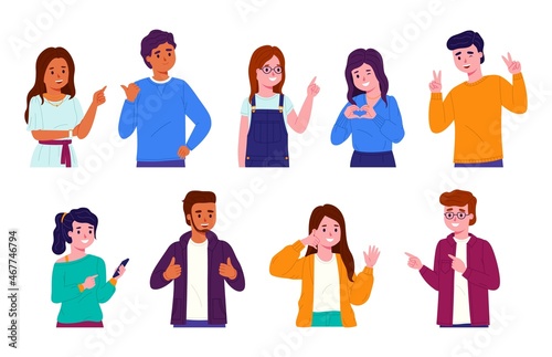 People pointing and gesticulating. Young multinational men and women depict different actions with signs, happy students indicate direction, give signs, vector cartoon flat isolated set