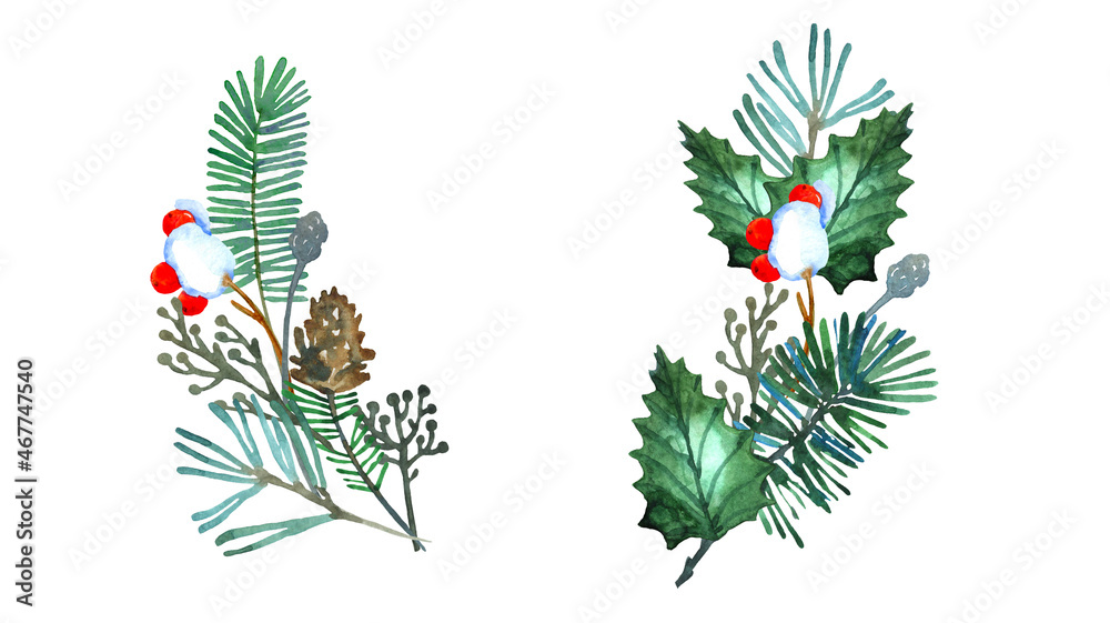 Naklejka premium Watercolor Christmas composition with folliage, snowy fir tree, spruce branches, red holly berries, evergreen leaves . Hand painted illustration isolated on white background. 