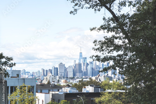 View of Manhattan skyline seen from Greenwood Cemetery in Brooklyn. Vintage style photo