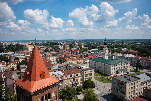 Aerial view on Town Hall in Drohobych, Ukraine from drone