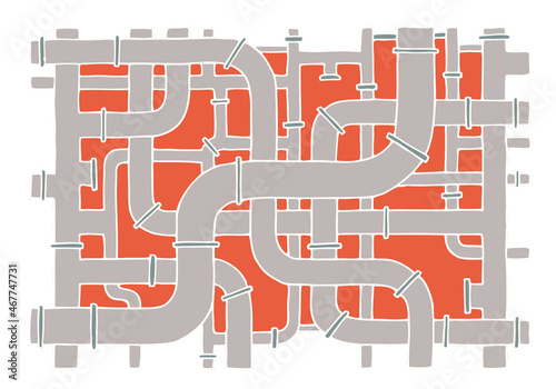 Many pipes of different sizes, colors and diameters are intertwined to form a background, texture, pattern. Hand Drawn. Doodle.	