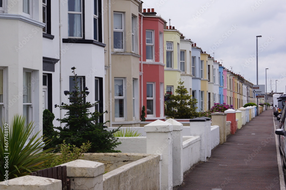 A line of coloured houses facing the seaside in Portstewart, Northern Ireland (UK)