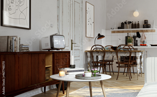 Old vintage retro parisian mid century apartment interior photo