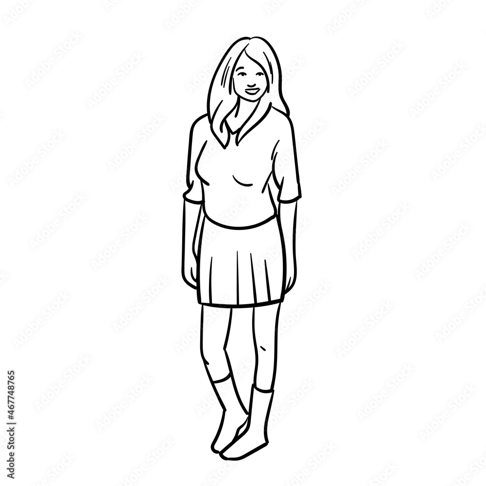 woman with skirt and long hair. comic, outline, whole body, monochrome. woman with skirt and long hair. comic, outline, whole body, monochrome.