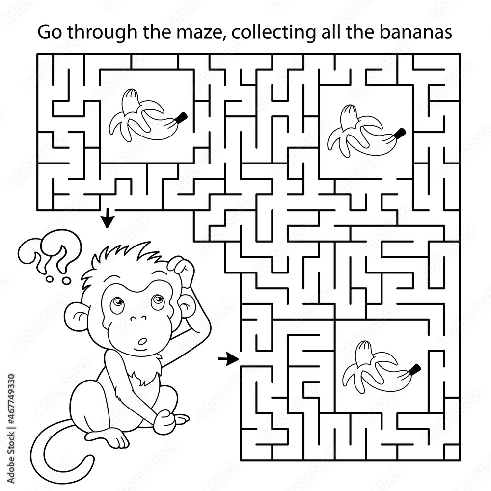 Maze or Labyrinth Game. Puzzle. Coloring Page Outline Of cartoon little monkey with bananas