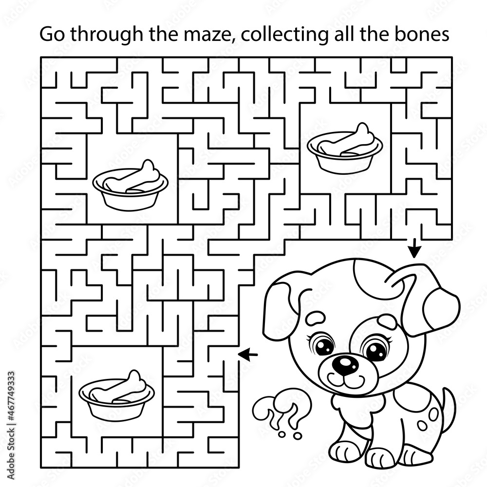 Maze or Labyrinth Game. Puzzle. Coloring Page Outline Of cartoon little dog  with bone. Puppy. Coloring book for kids. Stock Vector