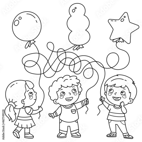 Maze or Labyrinth Game. Puzzle. Tangled road. Coloring Page Outline Of cartoon children with balloons. Guess where whose ball is? Coloring book for kids.