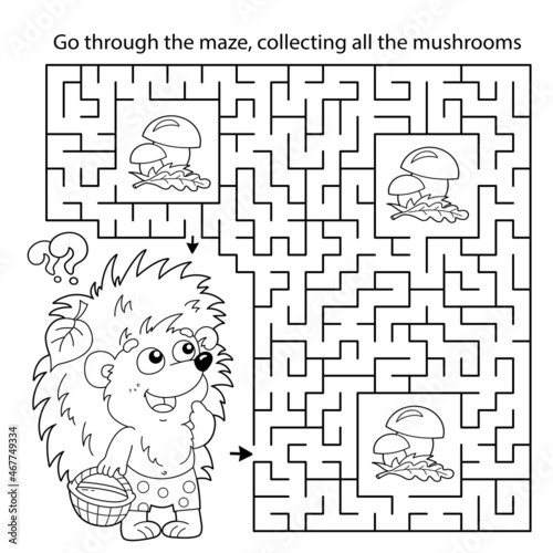 Maze or Labyrinth Game. Puzzle. Coloring Page Outline Of cartoon little hedgehog with basket of mushrooms. Coloring book for kids.