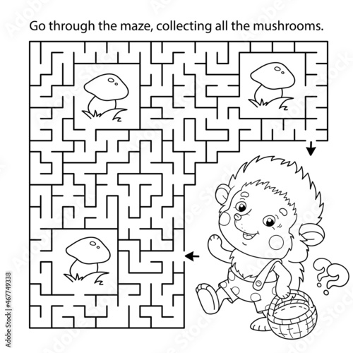 Maze or Labyrinth Game. Puzzle. Coloring Page Outline Of cartoon little hedgehog with basket of mushrooms. Coloring book for kids.