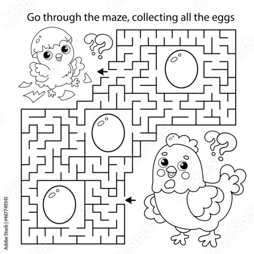 Maze or Labyrinth Game. Puzzle. Coloring Page Outline Of cartoon chicken with little chicks. Coloring book for kids.