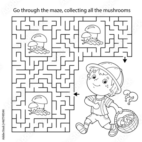 Maze or Labyrinth Game. Puzzle. Coloring Page Outline Of cartoon fun boy with basket. Little mushroom picker. Coloring book for kids.