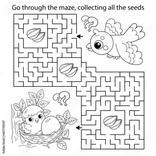 Maze or Labyrinth Game. Puzzle. Coloring Page Outline Of cartoon bird with little chick and egg in nest. Coloring book for kids.