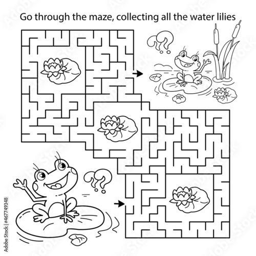 Maze or Labyrinth Game. Puzzle. Coloring Page Outline Of cartoon little frogs. Two fun friends. Coloring book for kids.