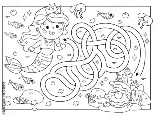 Maze or Labyrinth Game. Puzzle. Tangled road. Coloring Page Outline Of cartoon beautiful little mermaid. Marine princess. Underwater world. Coloring book for kids.
