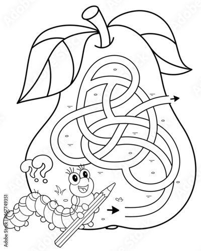 Maze or Labyrinth Game. Puzzle. Tangled road. Coloring Page Outline Of cartoon fun caterpillar with pear. Collect all apples. Coloring book for kids.
