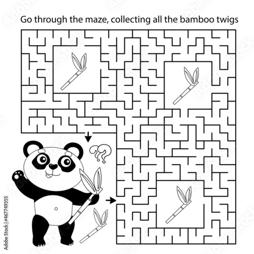 Maze or Labyrinth Game. Puzzle. Coloring Page Outline Of cartoon little panda with bamboo twigs. Coloring book for kids.