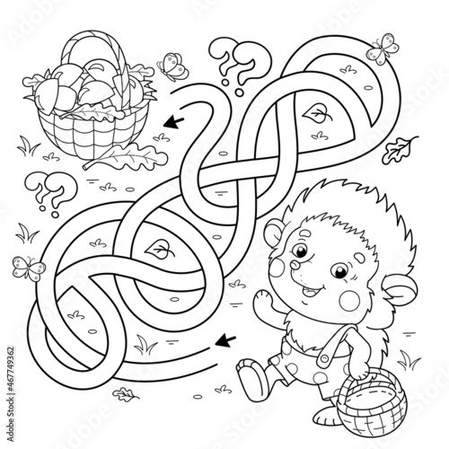 Maze or Labyrinth Game. Puzzle. Tangled road. Coloring Page Outline Of cartoon little hedgehog with basket of mushrooms. Coloring book for kids.