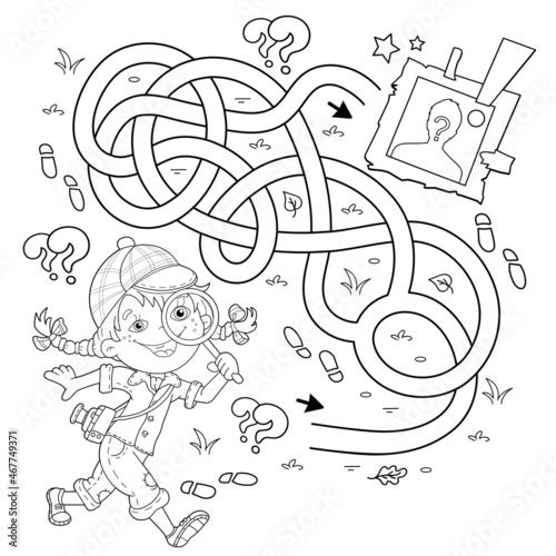 Maze or Labyrinth Game. Puzzle. Tangled road. Coloring Page Outline Of cartoon girl detective with loupe. Young Sherlock Holmes. Coloring book for kids.