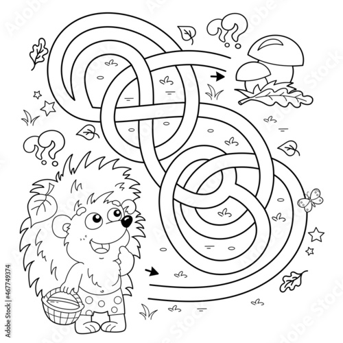 Maze or Labyrinth Game. Puzzle. Tangled road. Coloring Page Outline Of cartoon little hedgehog with basket of mushrooms. Coloring book for kids.