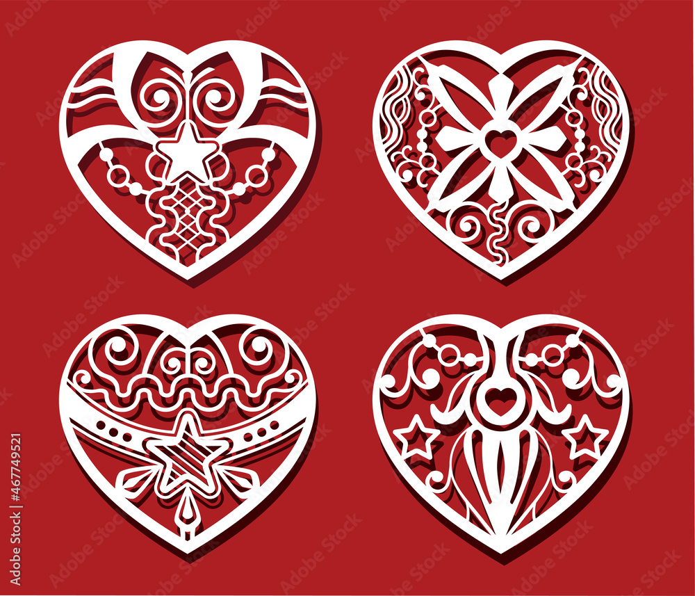 Hearts for laser cutting. Set of white ornamental hearts. Ornamental heart vector illustration. Hearts for laser cutting. Set of white ornamental hearts. Ornamental heart vector illustration.