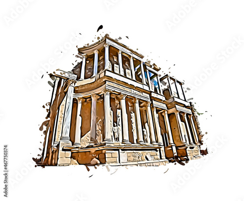 Illustration of Roman theater ruins in Merida, Spain