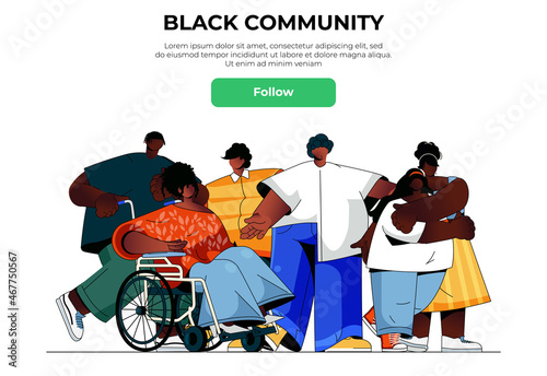 Black community web banner concept. African men and women standing together, ethnicity group with person, diversity landing page template. Vector illustration with people scene in flat design