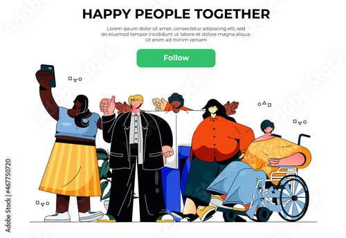 Happy people together web banner concept. Diverse men and women standing and hugging, multiethnic group with person landing page template. Vector illustration with people scene in flat design