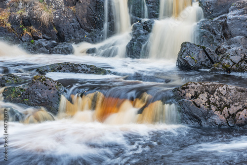 Waterfall in the canyon. Ruskeala Mountain Park. Republic of Karelia.