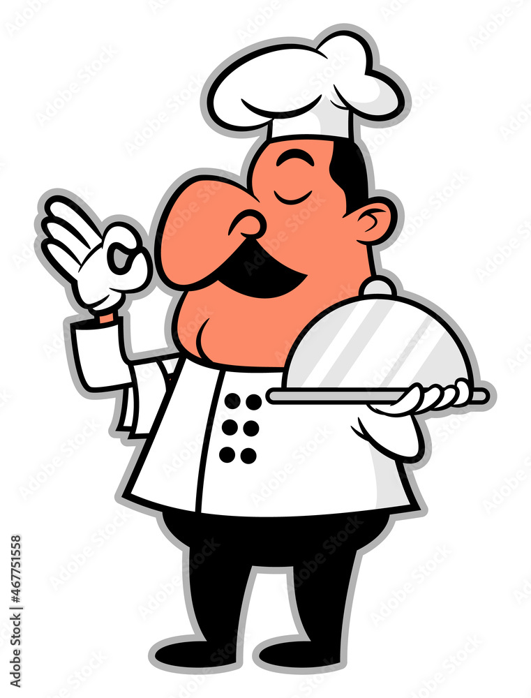 Cartoon illustration of A Big Fat Man with mustache, wearing chef hat and uniform, carrying a cloche with Cartoon illustration of A Big Fat Man with mustache, wearing chef hat and uniform, carrying a cloche with