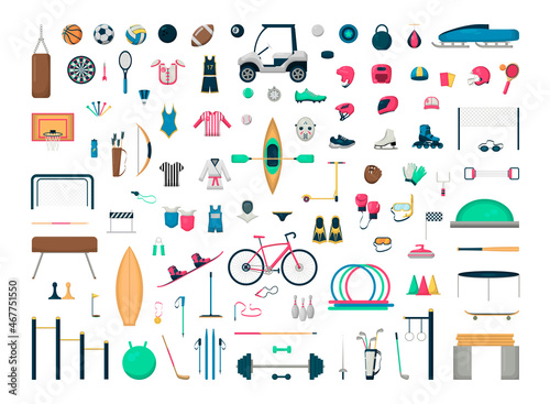 Collection of sports equipment in flat style.