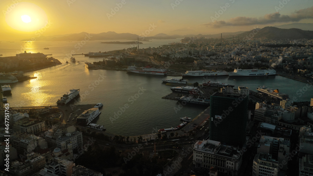 Aerial drone photo of iconic port of Piraeus at sunset with beautiful colours, Attica, Greece