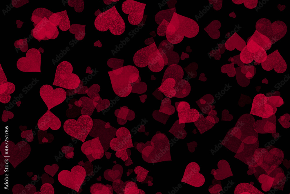 Red hearts bokeh texture on black background. Template with hearts bokeh for your projects