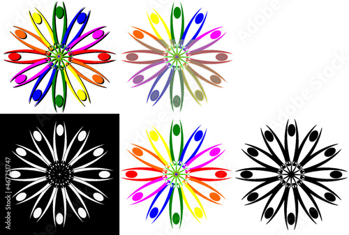Flor redonda de pétalos multicolor con el arcoíris