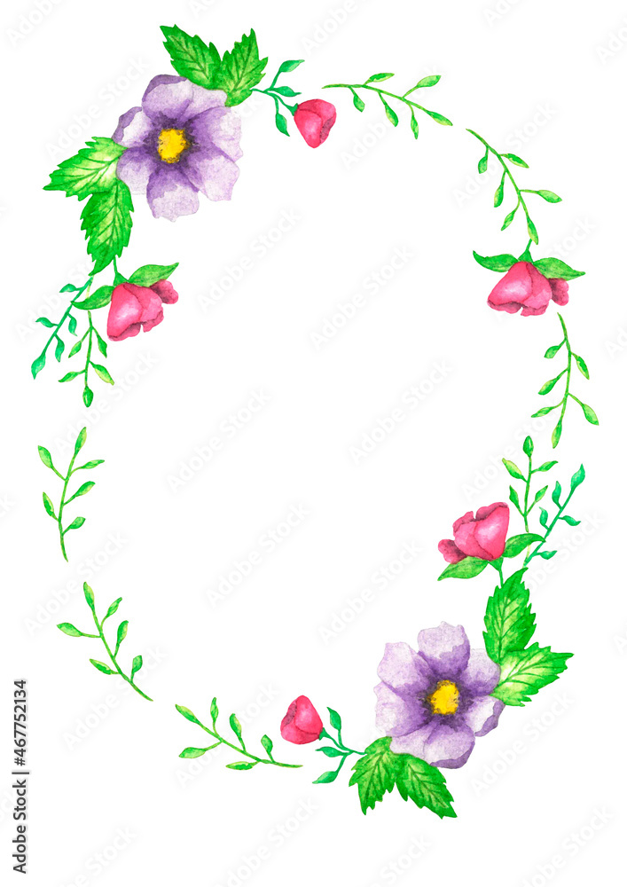 Watercolor illustration: a frame of flowers. Bright, beautiful flowers with branches and leaves. Floral watercolor illustration for postcards, invitations, greetings, and other printed products.