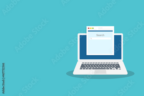 Laptop computer, browser window and ranking sites in search results of web search engine. Search engine. Vector illustration