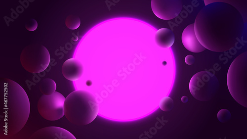 Abstract vector illustration with glowing purple circle on dark background, neon lighting with reflex on spheres, futuristic gradient poster with geometric shapes