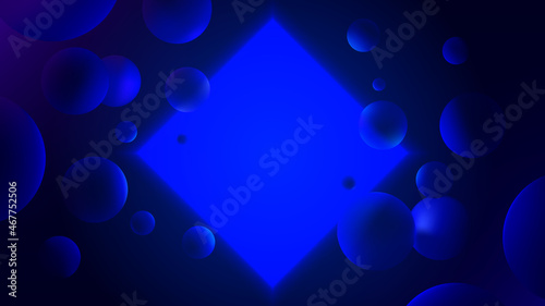 Abstract vector illustration with glowing ultramarine square on dark background, neon lighting with reflex on spheres, futuristic gradient poster with geometric shapes