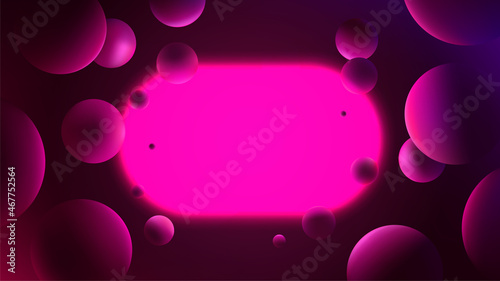 Futuristic vector gradient poster with glowing pink capsule on dark background, neon lighting with reflex on spheres, abstract illustration with geometric shapes