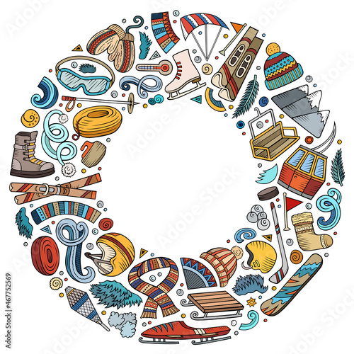 Colorful set of Winter Sports cartoon doodle objects