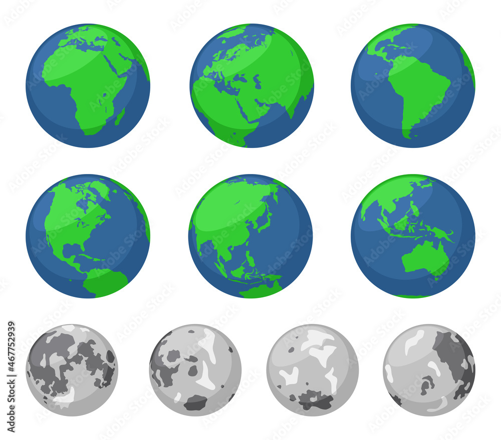 Illustrations of the Earth and the Moon from different angles.