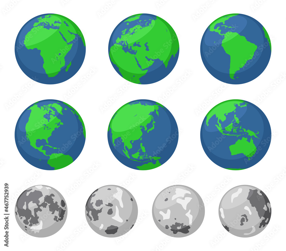 Illustrations of the Earth and the Moon from different angles. Illustrations of the Earth and the Moon from different angles.